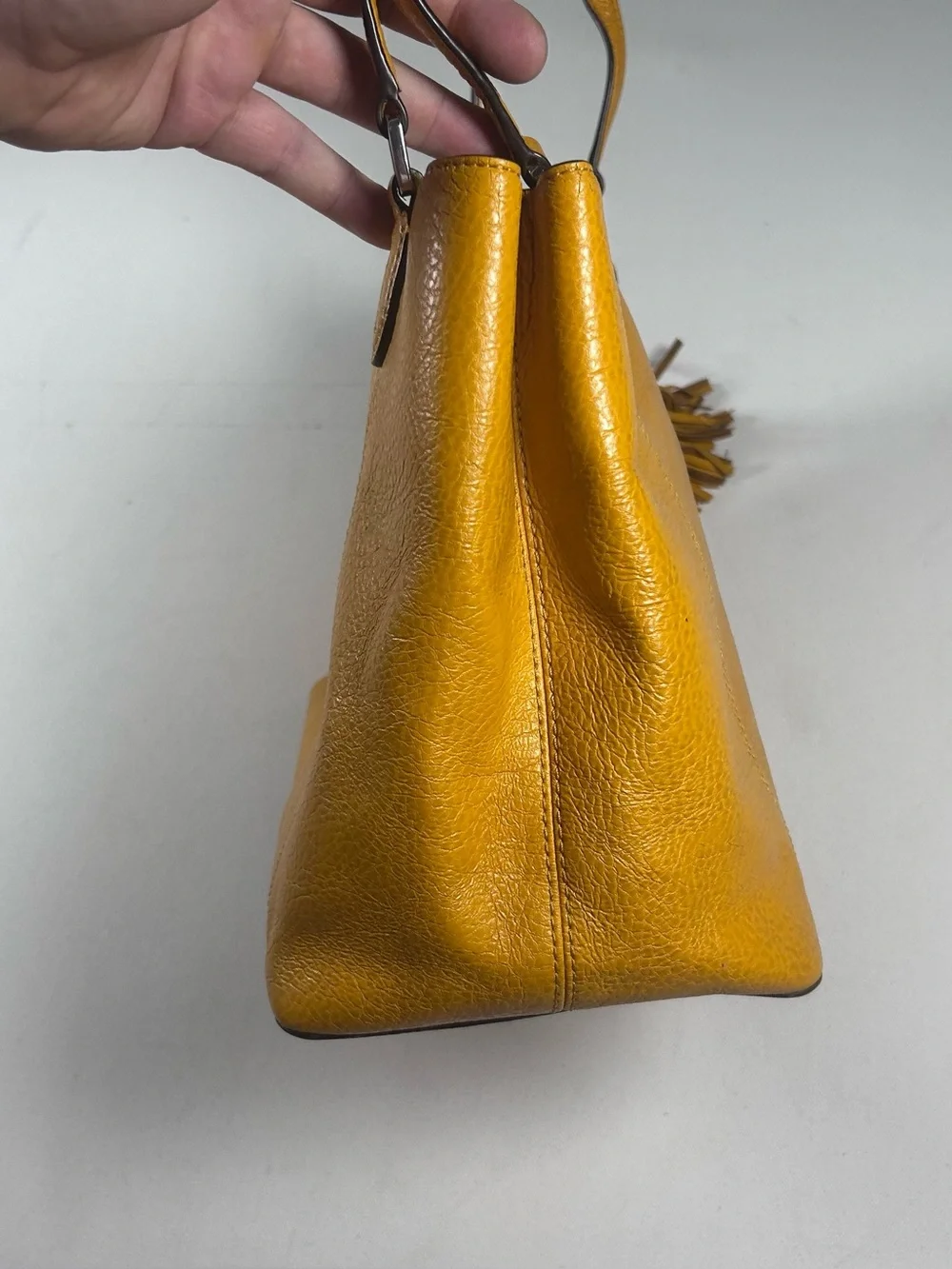 Lauren Ralph Lauren Leather Satchel Pebbled Tassel Charm Mustard Yellow Bag